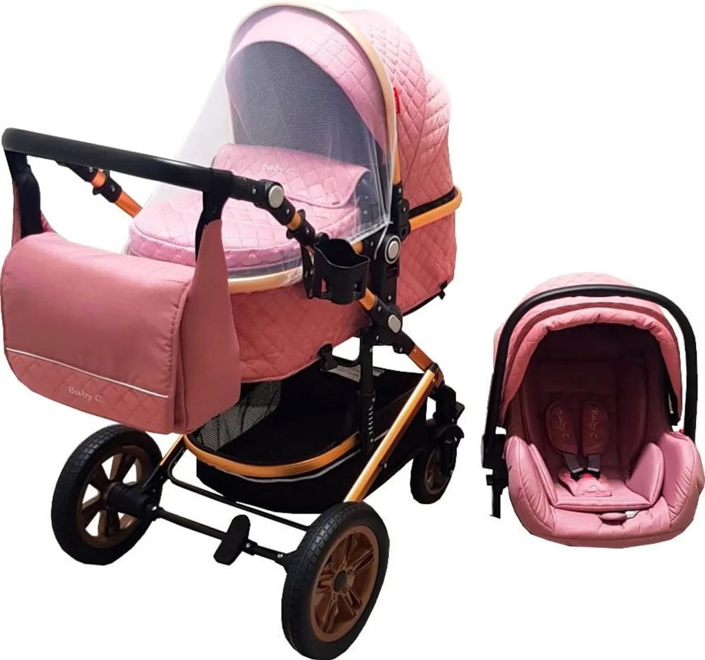 Carucior nou nascuti 3 in 1 Baby Care™ PRO 530, Cu geanta bebe, Cadru Aluminiu Gold, Amortizoare, Roti din cauciuc plin AVE, Landou, Scoica auto,
