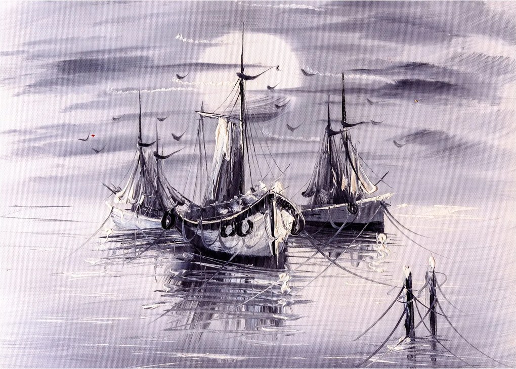Tablou pe sticlă - Port marin, pictură în ulei (70x50 cm)