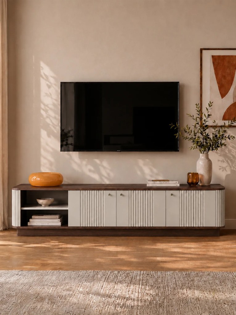 Comodă TV Vesper 4D 187 cm - cașmir / nuc / mânere negre