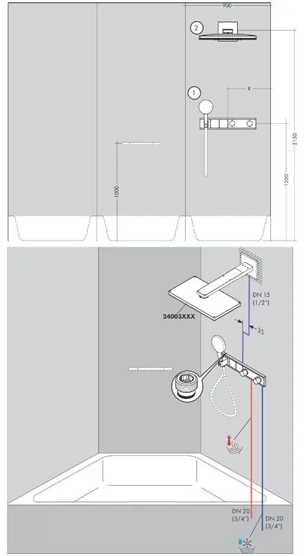 Baterie cu termostatat Hansgrohe, RainSelect, cu 2 functii, cu suport pentru para de dus, crom