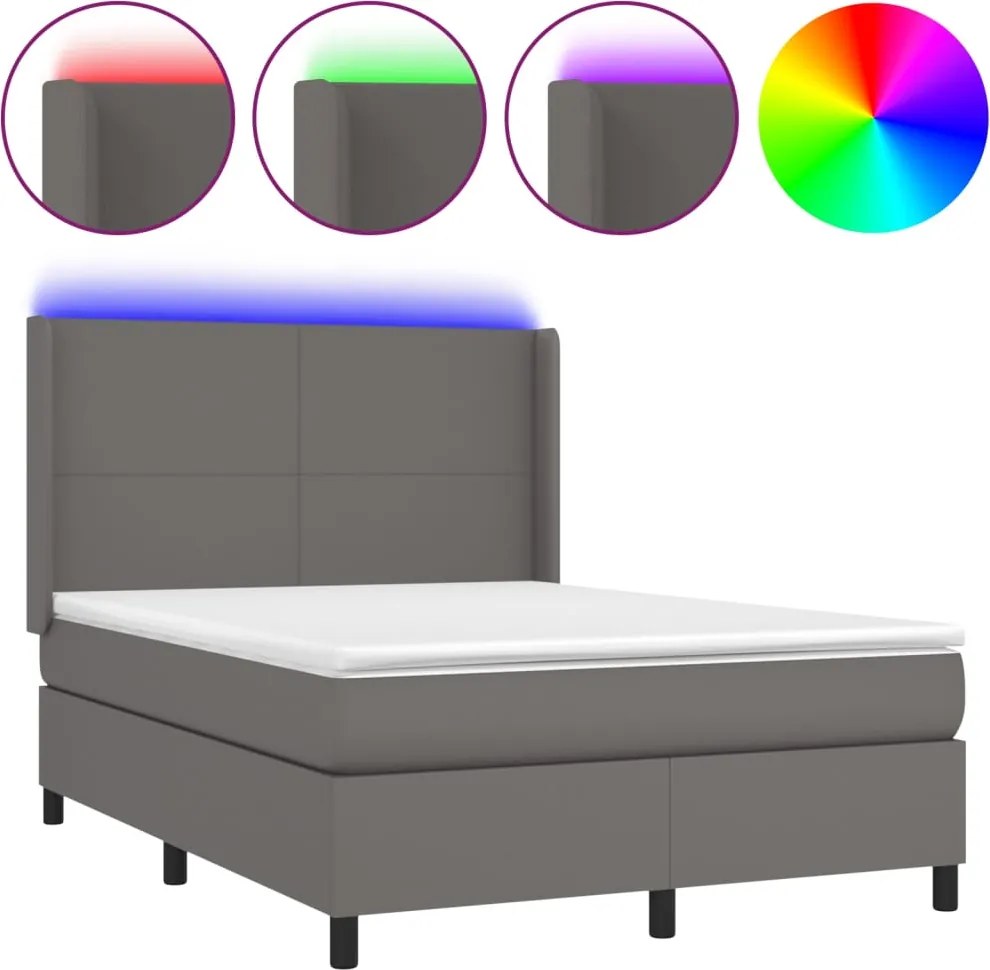 vidaXL Pat cu arcuri, cu saltea și LED, gri, 140x200 cm, piele eco