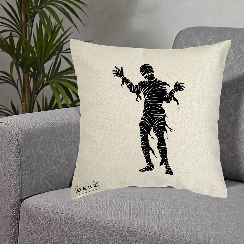 Perna Decorativa Mormii Infricosat Silueta Neagra Halloween, 40x40 cm, Ecru, Husa Detasabila, Perna Inclusa, BEKZ®
