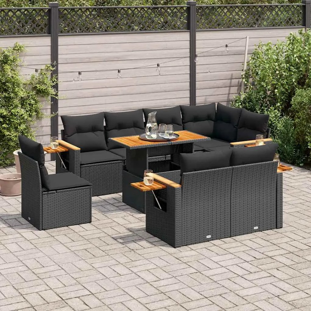 3327611 vidaXL Set mobilier grădină perne 9 piese negru poliratan/lemn acacia