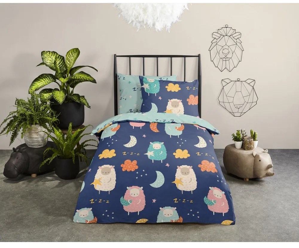 Lenjerie de pat pentru copii albastră din bumbac pentru pat de o persoană, extinsă 140x220 cm Sheep – Good Morning