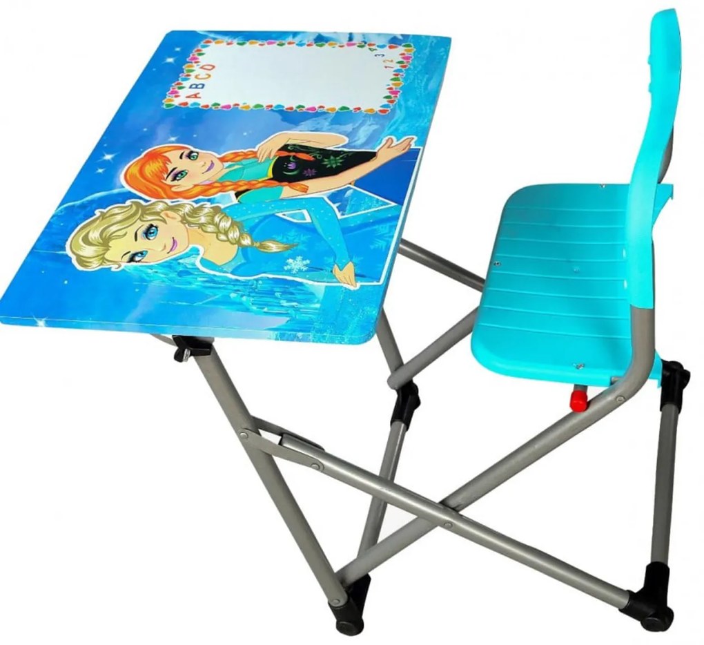 Birou pliabil pentru copii Novokids™ My first school desk, Din MDF, dimensiuni 70X60X66 cm, Cadru metalic, Banca scolara, Model Printese, Bleu