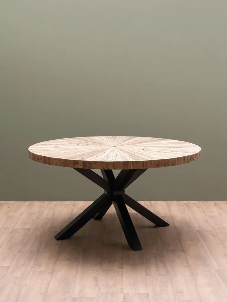 Masă dining rotundă din lemn reciclat, maro, 6–8 locuri, cu bază centrală din metal, 77 x 150 cm, „Asturias”