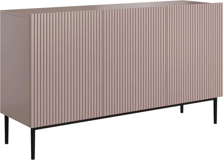 Comodă Nicole 150 cm cu trei uși, fronturi riflate - roz antic MDF / picioare negre
