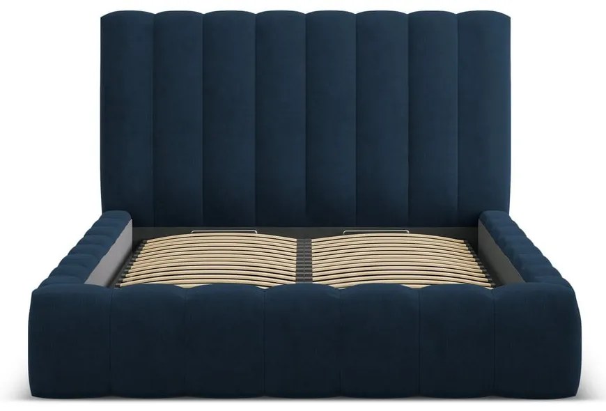Pat matrimonial albastru închis tapițat cu spațiu de depozitare cu somieră 200x200 cm Kelp – Micadoni Home