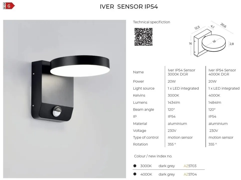 Aplica LED de exterior cu senzor de miscare IP54 IVER 3000K