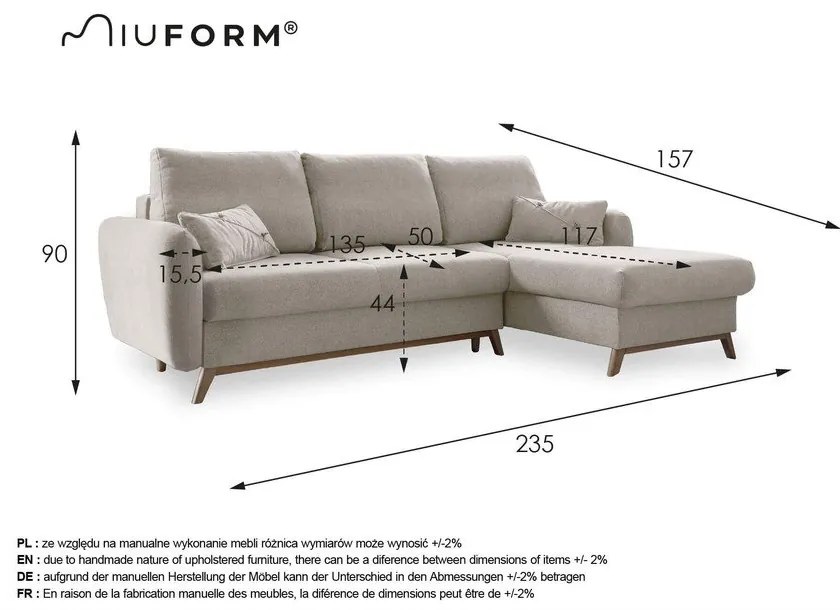 Colțar extensibil cu șezlong pe partea dreaptă Miuform Scandic Lagom, bej