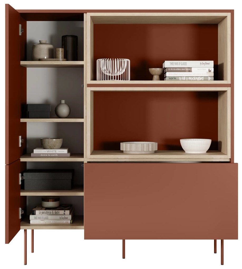 Comodă înaltă cu două uși Desin 120 cm - roșu ceramică / stejar nagano
