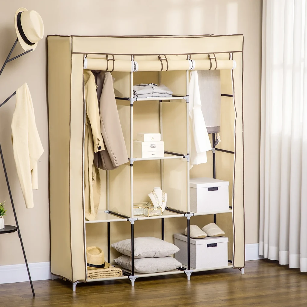 HOMCOM Dulap Portabil din Stofă cu 8 Rafturi și 2 Bare, Organizator Haine cu Ușă Rulantă, 125x43x162.5 cm, Bej | Aosom Romania