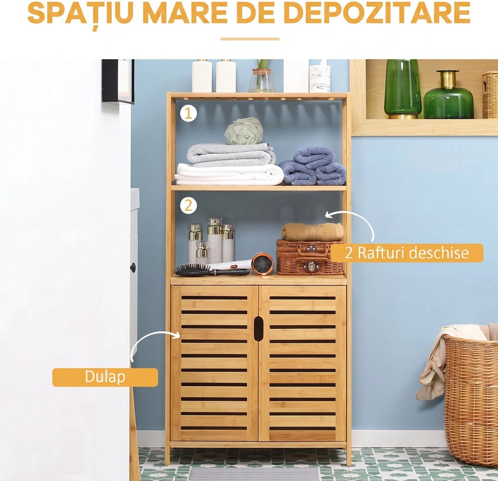 kleankin Dulap de baie cu 2 rafturi deschise si dulap cu doua usi, din bambus cu usa cu clapeta, natural | Aosom Romania