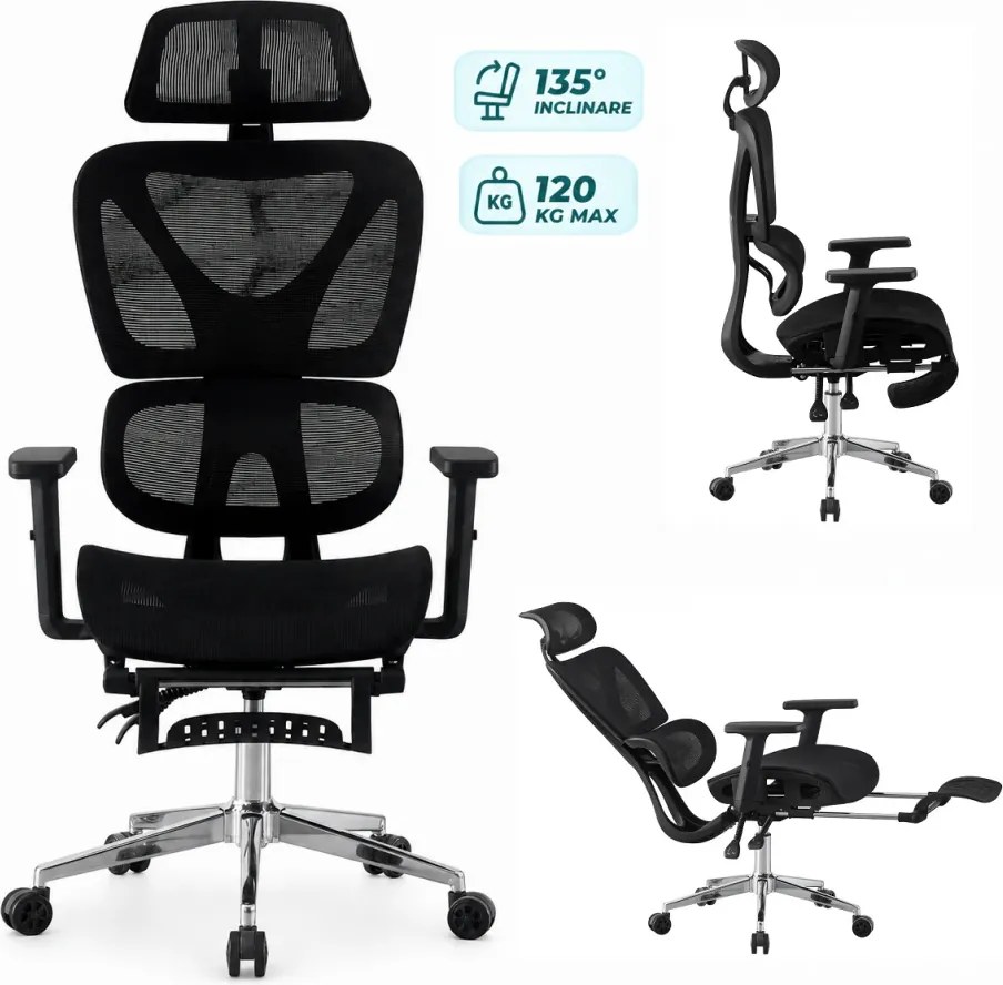 RIGACHAIR Scaun ergonomic, cotiere 2D, tetiera 2D, recliner 155°, suport picioare, Full Mesh, Negru