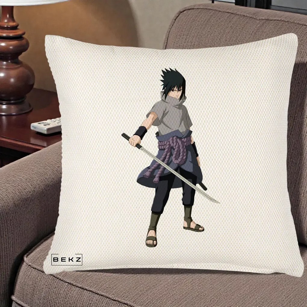 Perna Personalizata Naruto Sasuke Uchiha cu Sabia, 40x40 cm, Crem Reliefat, Husa Detasabila, Perna Inclusa, BEKZ®