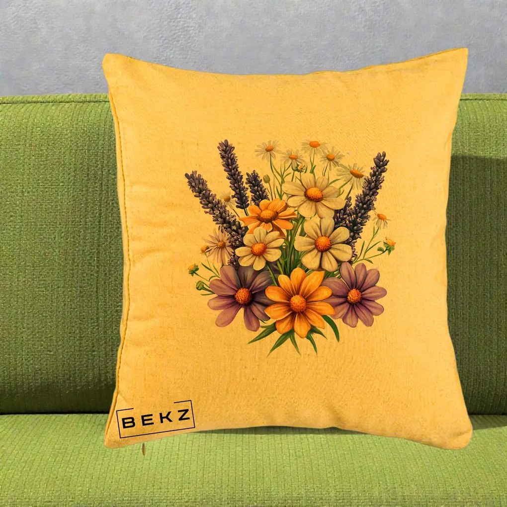 Perna Decorativa Lavanda Musetel si Flori Mov, 40x40 cm, Galben, Husa Detasabila, Perna Inclusa, BEKZ®