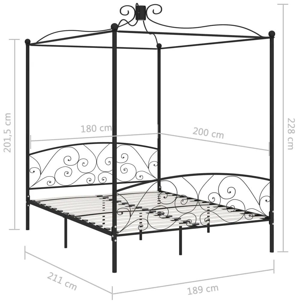 Cadru de pat cu baldachin, negru, 180 x 200 cm, metal Negru, 180 x 200 cm