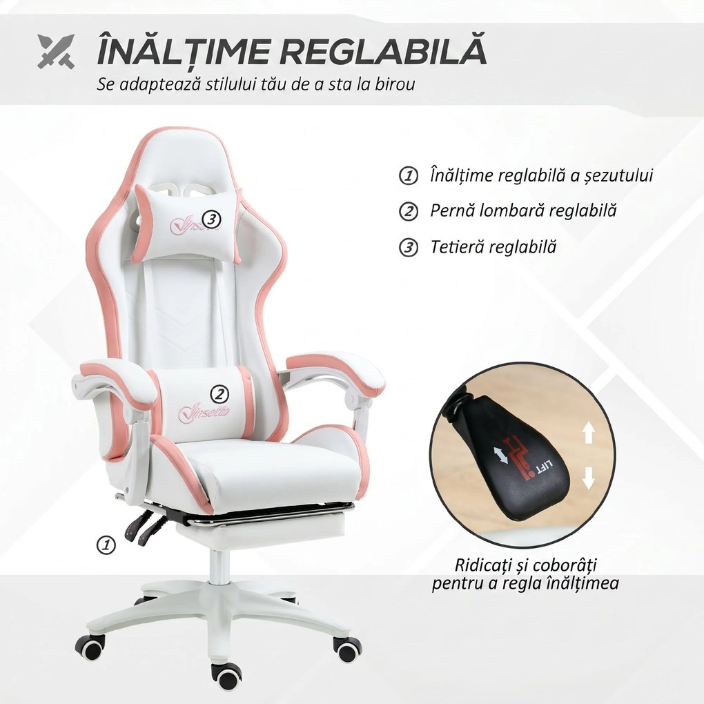 Vinsetto Scaun Da Gaming Ad Altezza Reglabil Piele Pu E Oțel Alb Roz | Aosom Romania