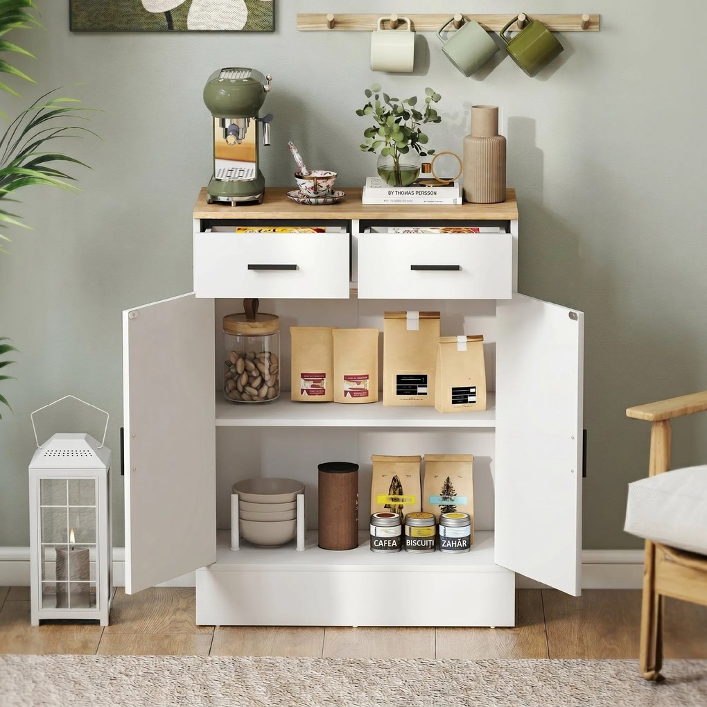 HOMCOM Bufet Modern 2 Sertare și Dulap cu 2 Uși, Raft Interior Reglabil, Alb și Lemn | Aosom Romania
