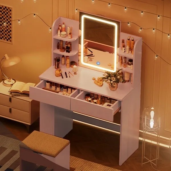 Masuta machiaj cu Oglinda LED si 2 Sertare pentru Cosmetice, Set Masa toaleta 90 cm, Alb / Negru / Roz, masuta cosmetica, vanity - SER203