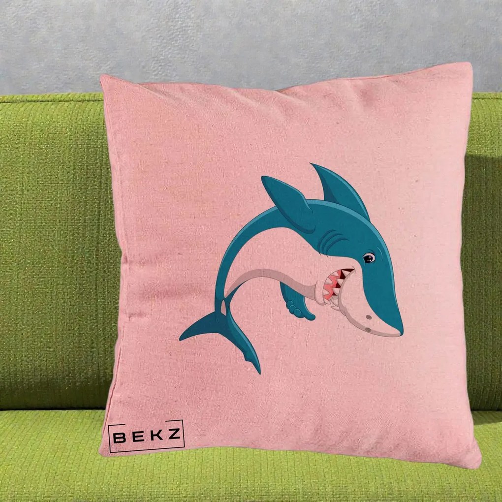 Perna Decorativa Rechin Albastru Cartoon, 40x40 cm, Roz, Husa Detasabila, Perna Inclusa, BEKZ®