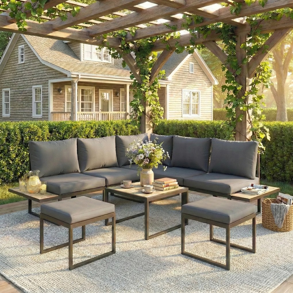 Outsunny Set mobilier grădină exterior 6 persoane modulabil masă de cafea și blaturi laterale din lemn PSPC perne groase 10cm gri | Aosom Romania