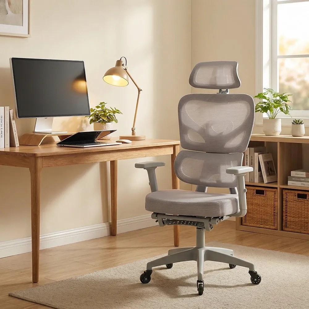 Scaun ergonomic, cotiere 3D, suport lombar adaptiv, spătar reglabil pe inaltime, tetiera 3D, suport pentru picioare, pivotant, Mesh, Gri