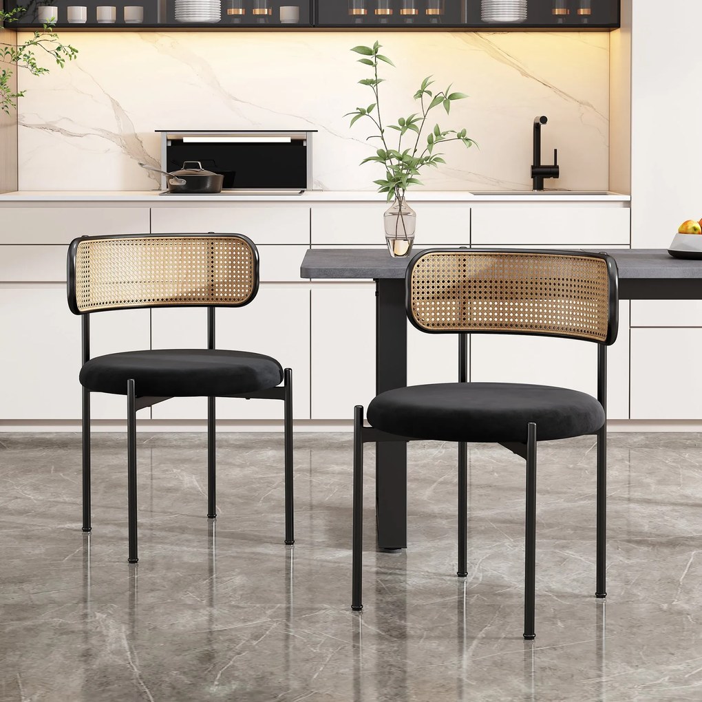Set de 2 scaune de dining din țesătură cu efect de catifea, cu picioare din metal și spătar din ratan, 60x18x86 cm, Negru