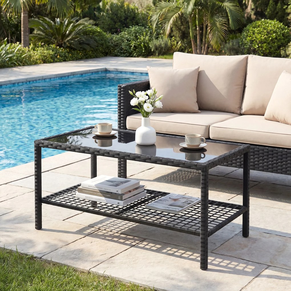 Outsunny Măsuță de Cafea din Ratan pe 2 Niveluri cu Raft, Blat din Sticlă Securizată, Măsuță de Exterior cu Cadru din Oțel, 92x50x45 cm, Negru | Aosom Romania