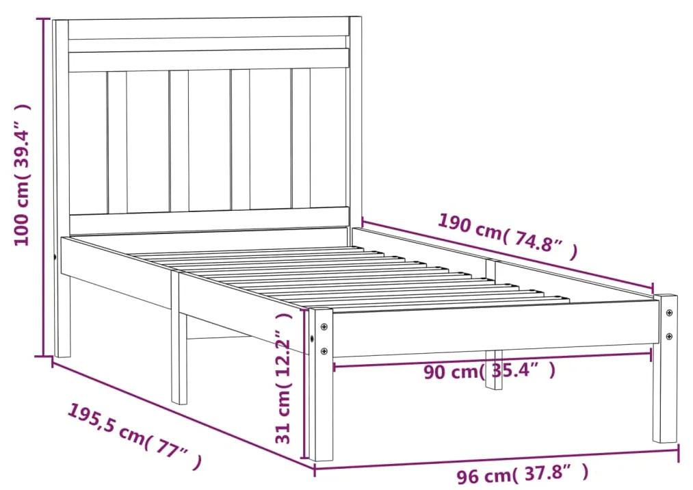 Cadru de pat Single 3FT, gri, 90x190 cm, lemn masiv Gri, 90 x 190 cm