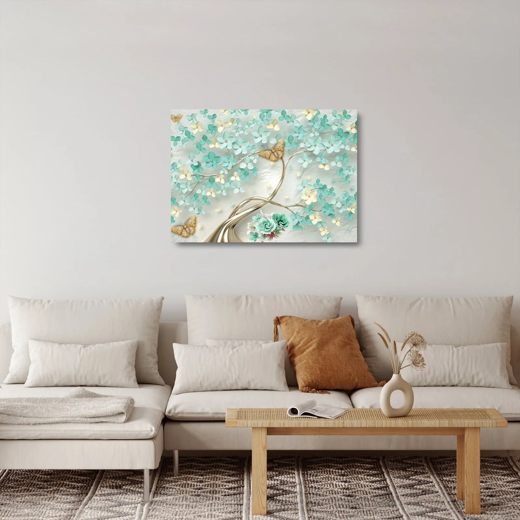 Tablou pe sticlă cu flori și fluturi (70x50 cm)