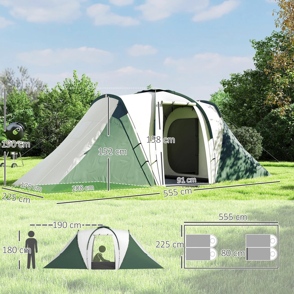 Outsunny Cort de Camping pentru 4-6 Persoane cu 2 Camere, 2 Uși și Geantă de Transport, 555x225x190 cm, Verde | Aosom Romania