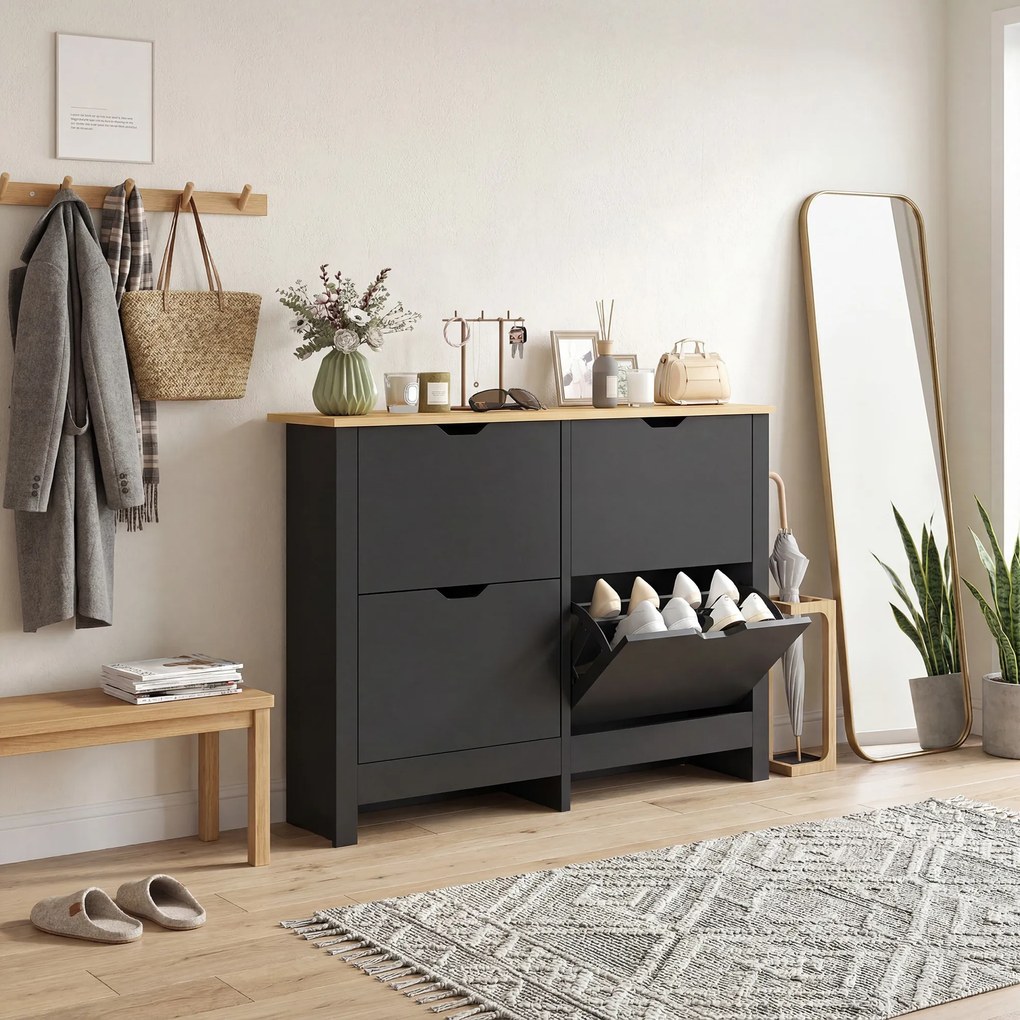 HOMCOM Dulap pentru pantofi 16 perechi, dulap cu 4 sertare rabatabile și polițe reglabile, negru și lemn natural | Aosom Romania