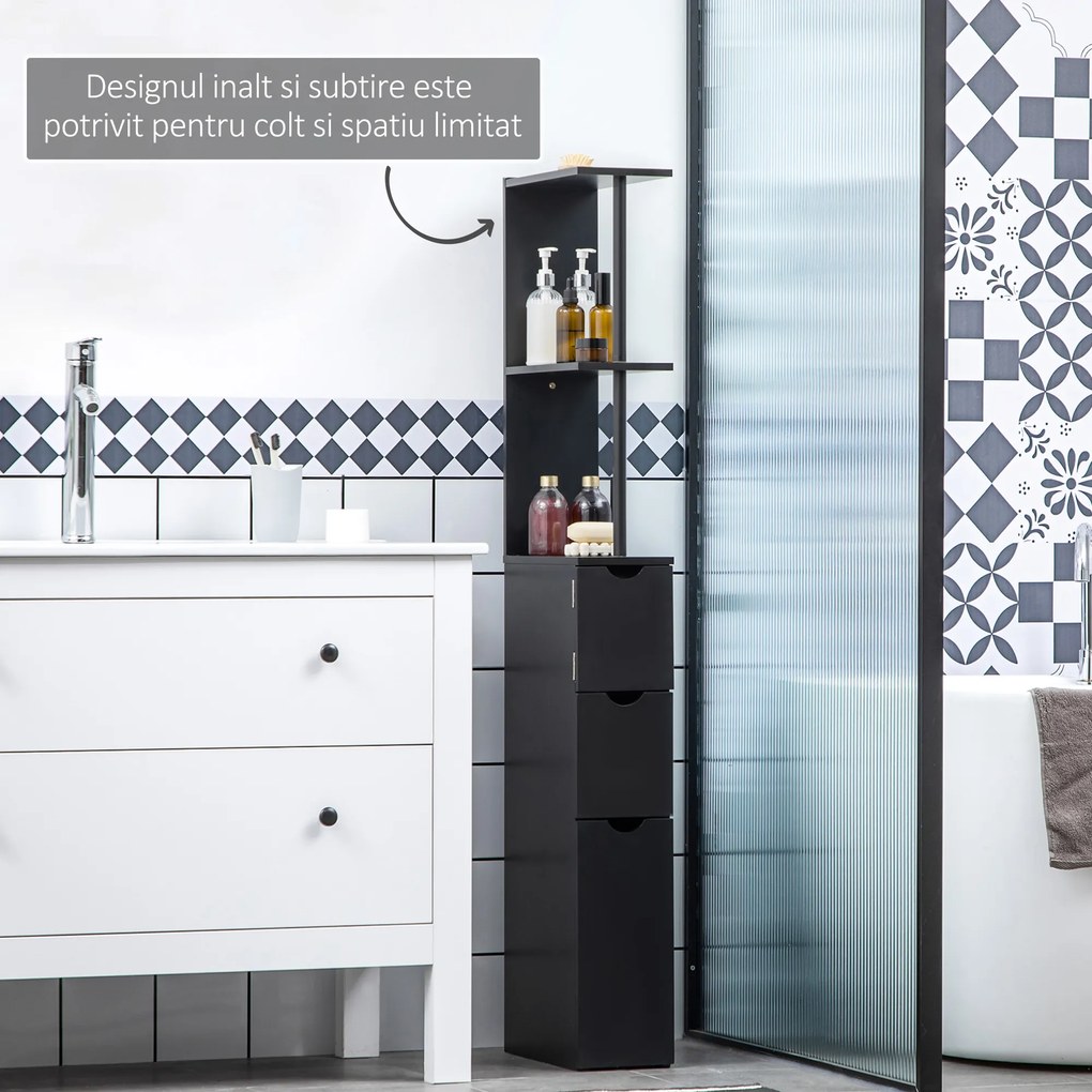 Dulap cu coloana HOMCOM din lemn ce economie de spatiu, dulap de baie cu rafturi, dulap si sertare, negru, 15x33x136.8cm | Aosom Romania