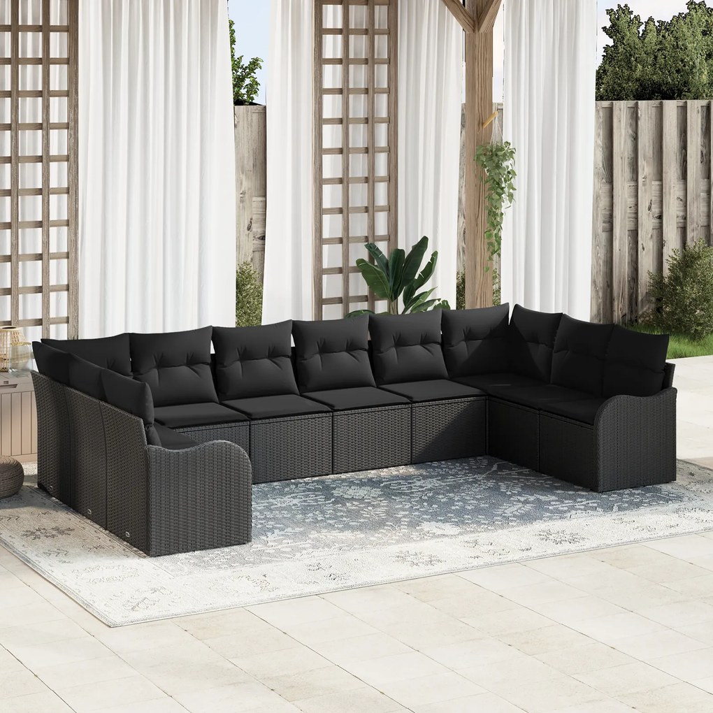 Set de canapea de grădină vidaXL 10 piese cu perne Negru Poliratan
