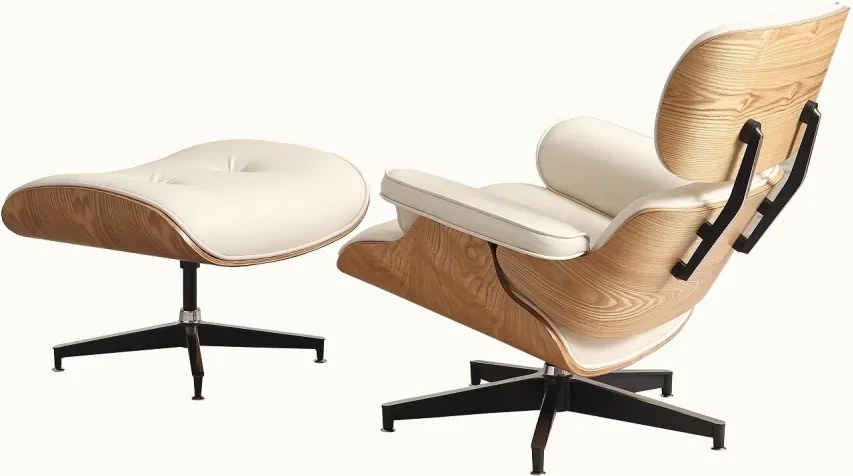 AVALON Accent Lounge Chair & Ottoman – Fotoliu Premium cu Taburet, Design Ergonomic, Piele Ecologică PU Premium, Furnir culoare Lemn Natural, Bază Pivotantă din Aluminiu, Alb