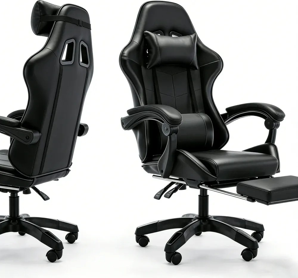 RESIGILAT- Scaun gaming, Masaj în perna lombară, Rabatabil 90-145°, Suport picioare, piele PU, Negru