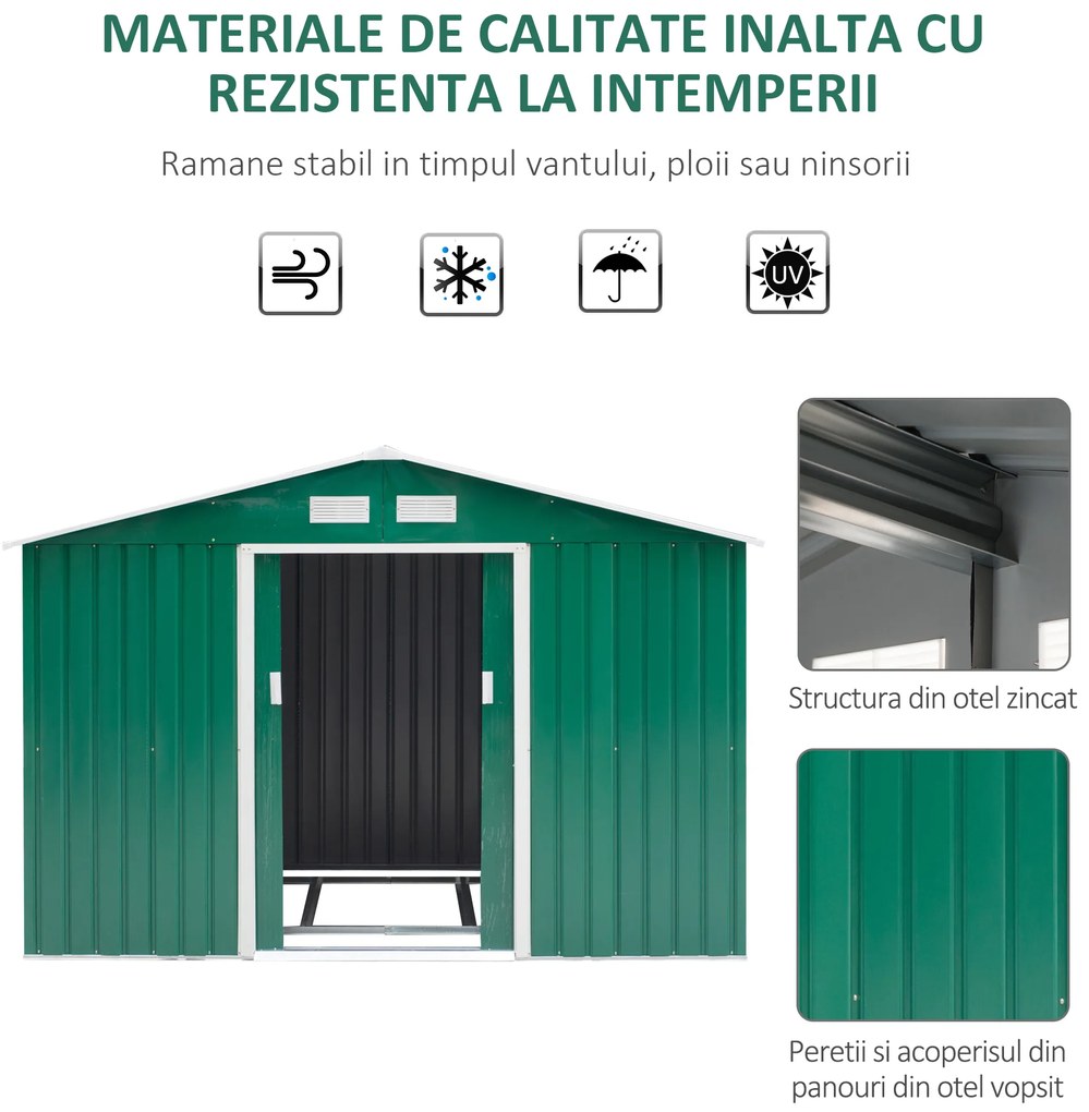 Casuta Pentru Unelte de Gradina Outsunny, Lamiera si Fier Verde 277x191x192cm | Aosom Romania