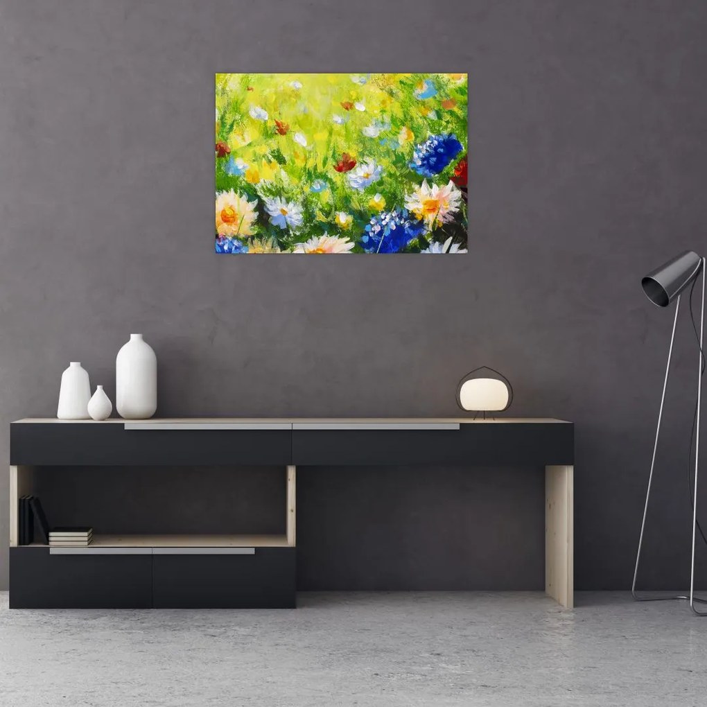 Tablou pe sticlă - Pictură în ulei, pajiște înflorită (70x50 cm)