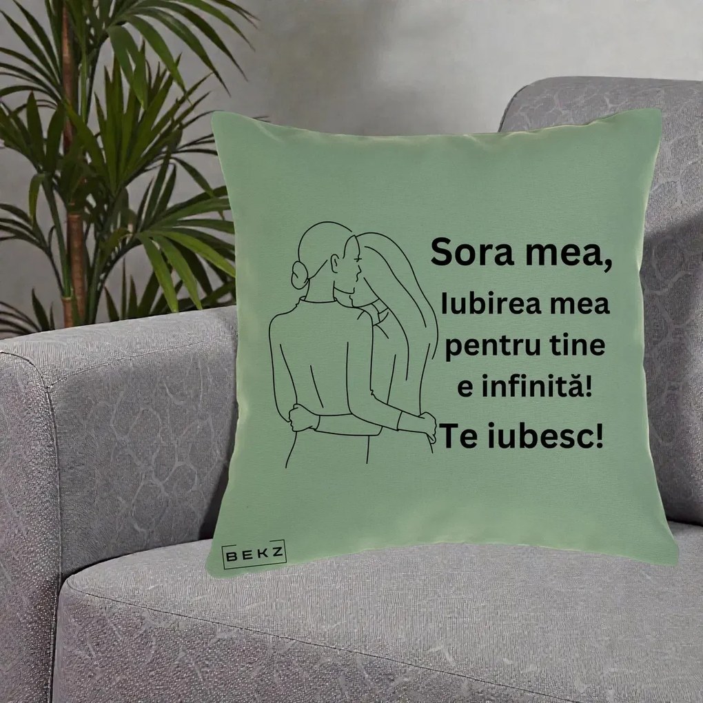 Cadou pentru Sora - Perna Personalizata Sora Mea Te Iubesc Imbratisare din Spate Line Art, 40x40 cm, Verde, Husa Detasabila, Perna Inclusa, BEKZ®