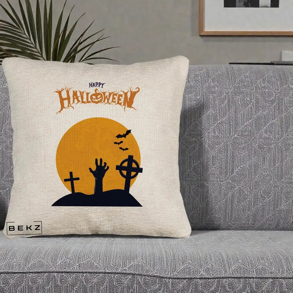 Perna Decorativa Happy Halloween Cimitir cu Luna, 40x40 cm, Bej Canapea, Husa Detasabila, Perna Inclusa, BEKZ®