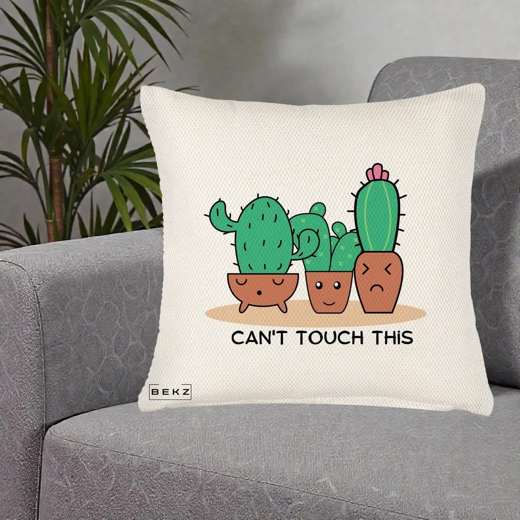 Perna Decorativa Cactus Funny Can't Touch This, 40x40 cm, Crem Reliefat, Husa Detasabila, Perna Inclusa, BEKZ®