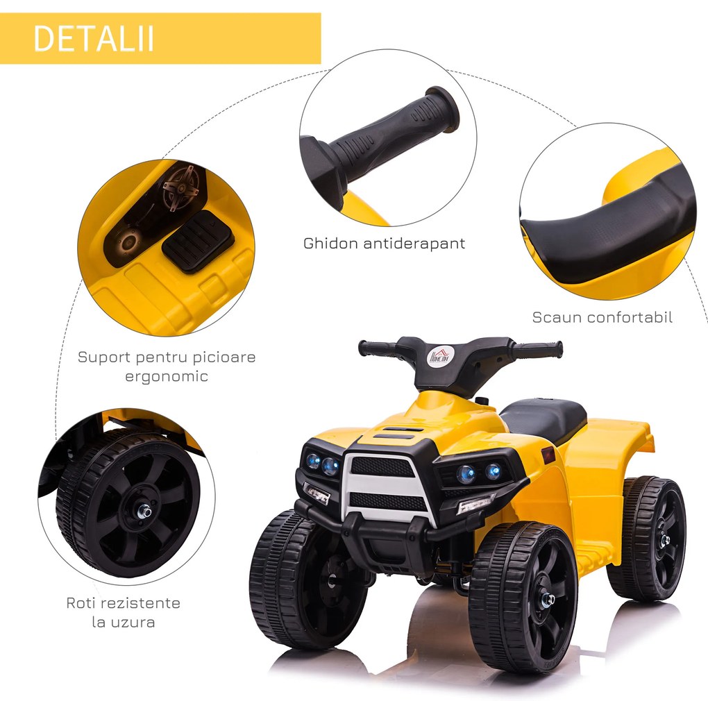 ATV electric pentru copii cu lumini si claxon 6V, 3 km/h, 18-36 luni, Negru/Galben HOMCOM | Aosom Romania