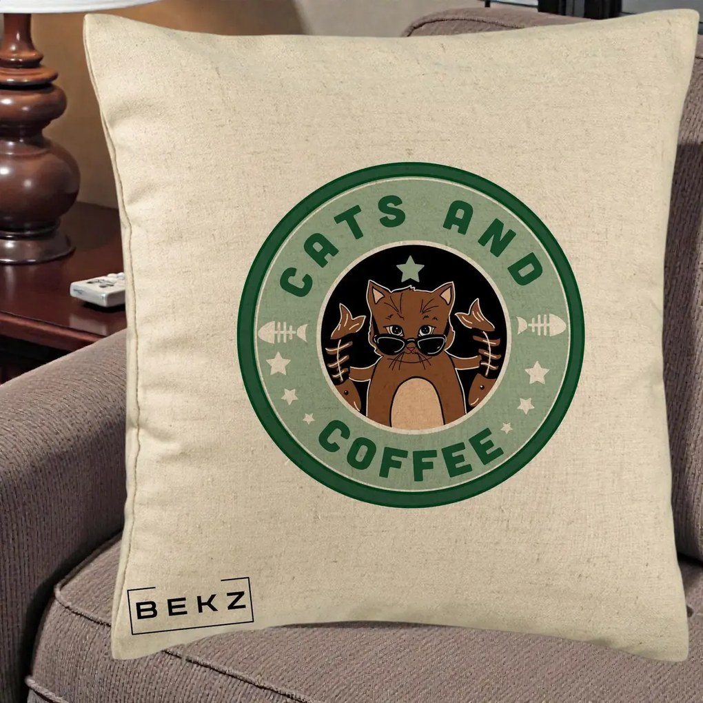 Perna Personalizata Cats and Coffee Starbucks, 40x40 cm, Bej, Husa Detasabila, Perna Inclusa, BEKZ®