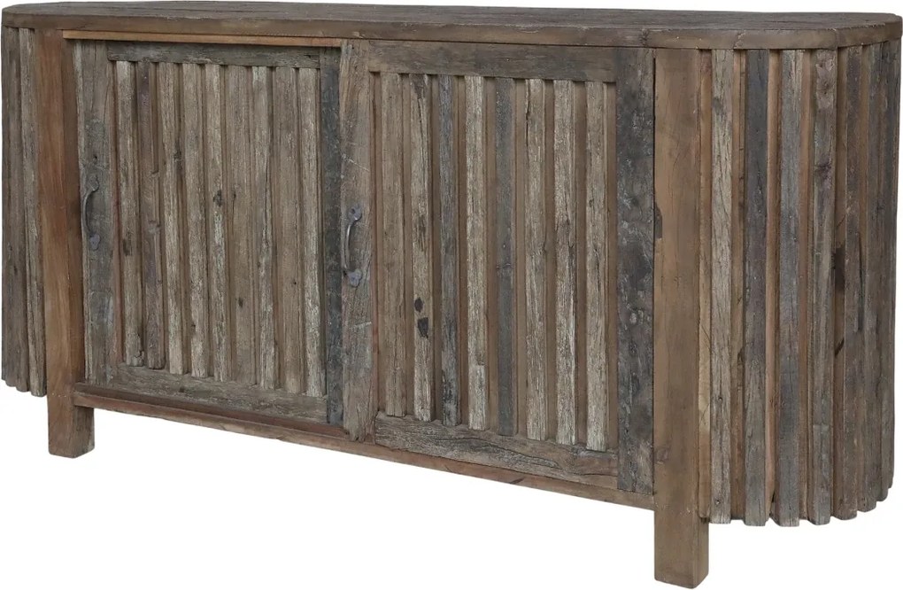 Bufet rustic din lemn reciclat, natur, cu 2 uși glisante cu rigle verticale și laterale rotunjite, 77 x 152 x 44 cm, „Grimaud”