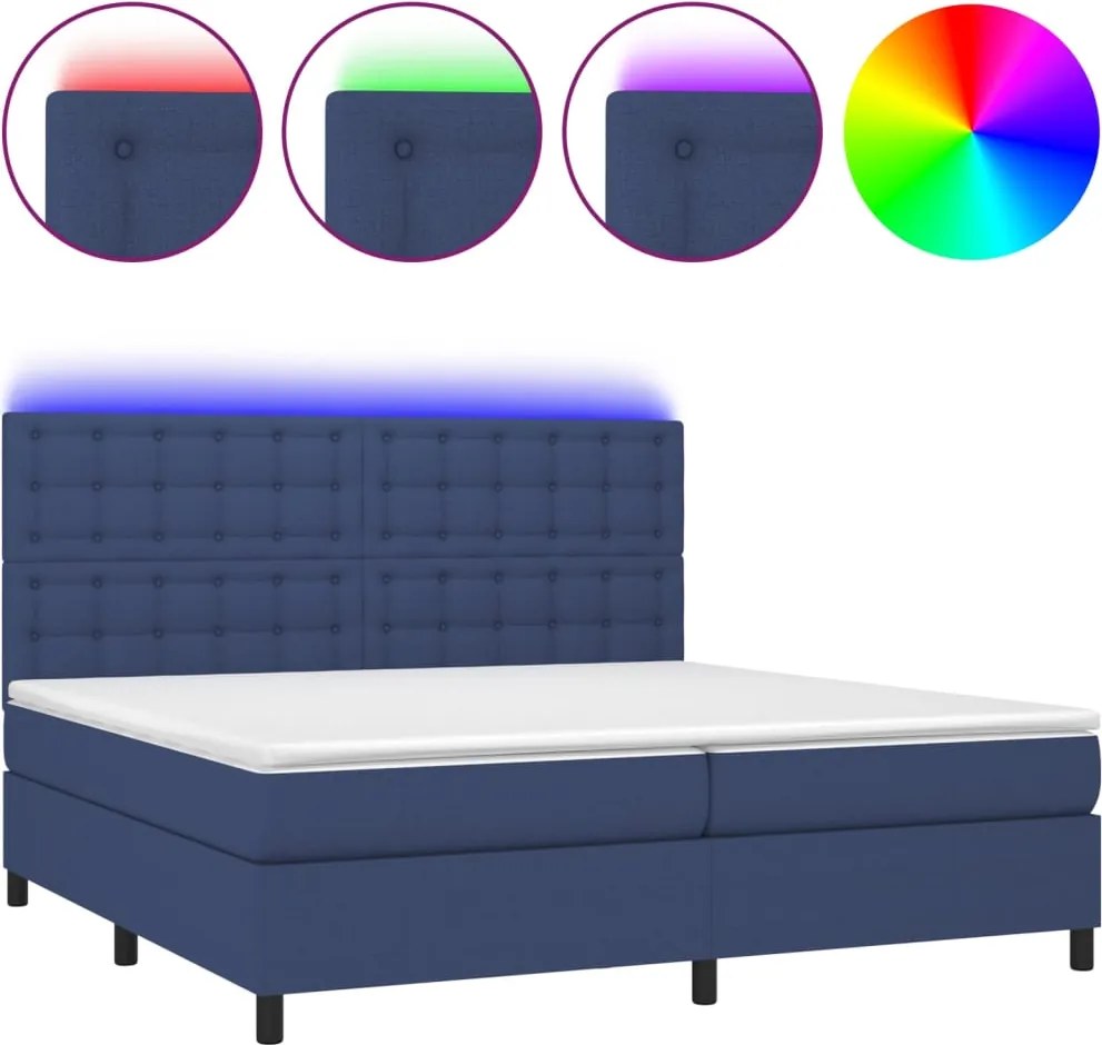 vidaXL Pat cu arcuri, saltea și LED, albastru, 200x200 cm, textil