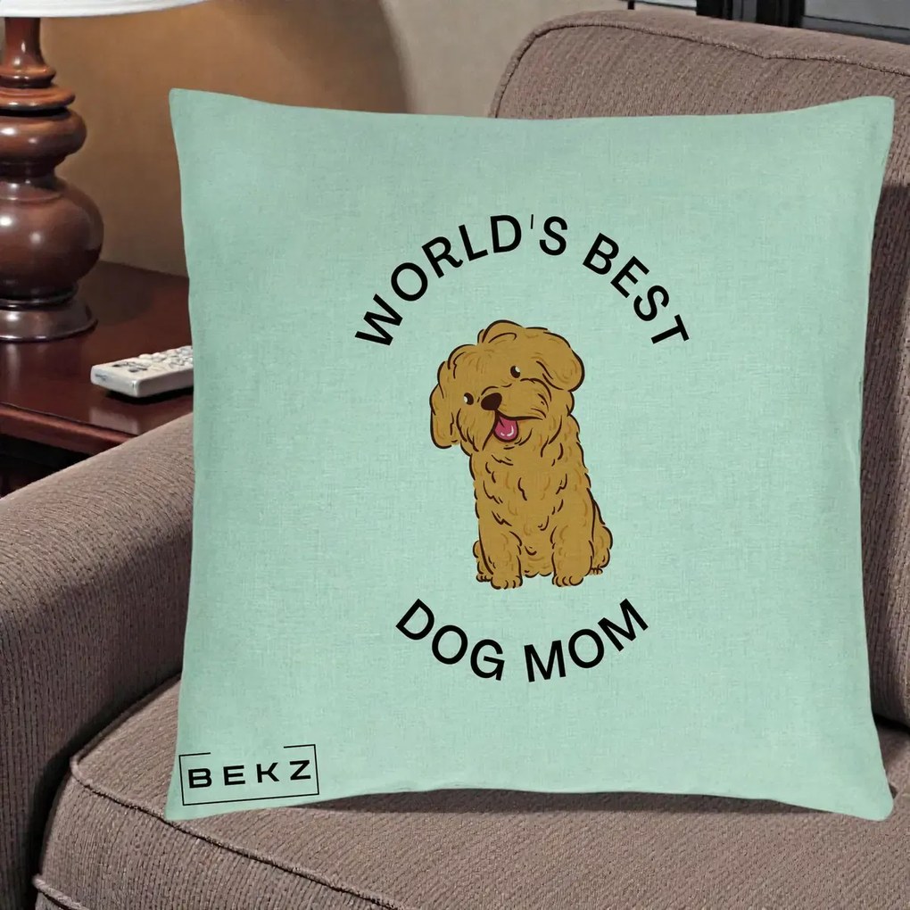 Cadou pentru Iubitorii de Caini - Perna Personalizata World's Best Dog Mom, 40x40 cm, Verde Menta, Husa Detasabila, Perna Inclusa, BEKZ®