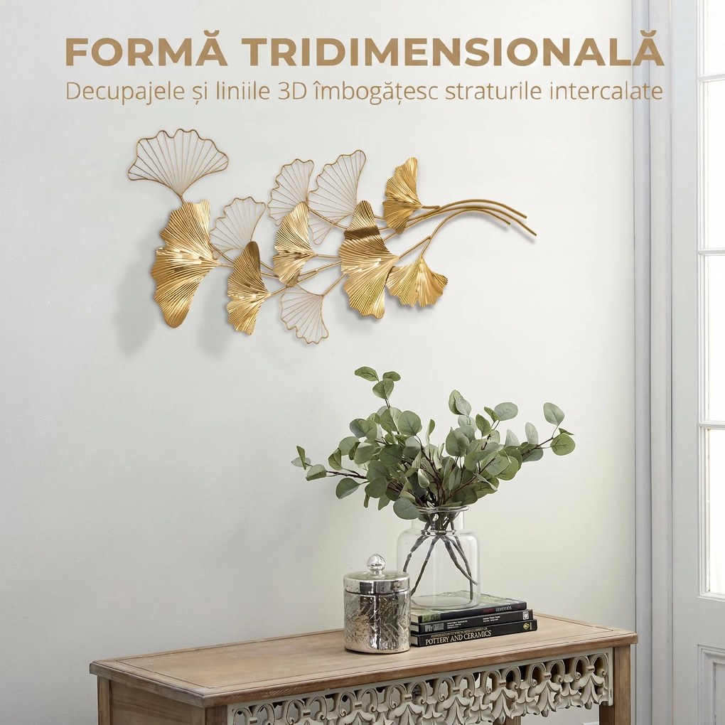 Decoratiune de perete 3D HOMCOM Moderna Frunze de Ginkgo Sculpturi de Perete Agatate Decor pentru Sufragerie | Aosom Romania