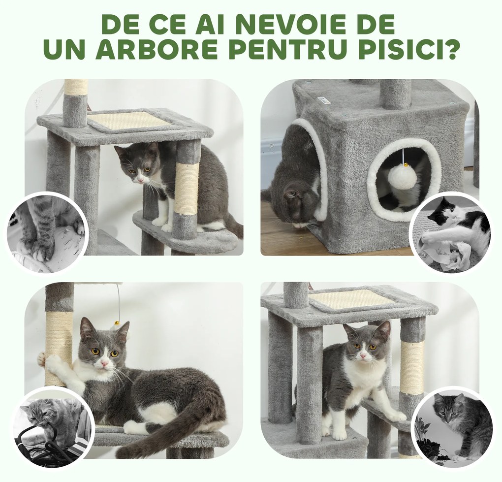 PawHut Ansamblu de joacă zgârietoare pentru pisici cu căsuță, pat și 2 mingi, din lemn și pluș, 55x40x107 cm, gri și alb | Aosom Romania