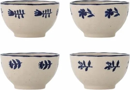 Set 4 boluri din ceramică artizanală natur cu motive florale albastre pictate manual și margine albastră, 11×6 cm, "Eimy"